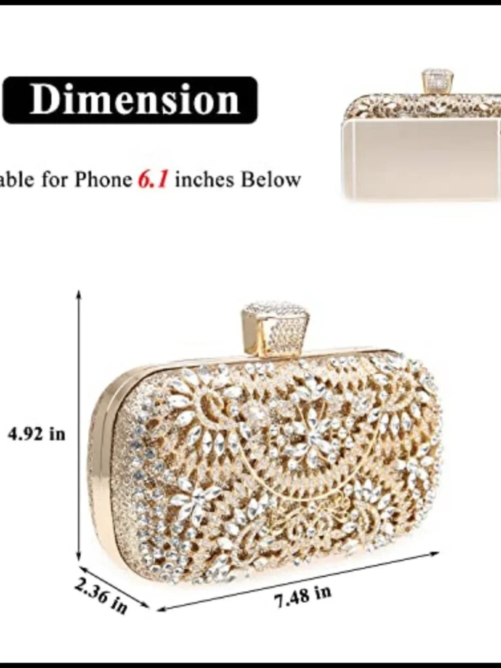 Rhinestone Sequin Clutch Evening Bag Metal Frame Removable Chain